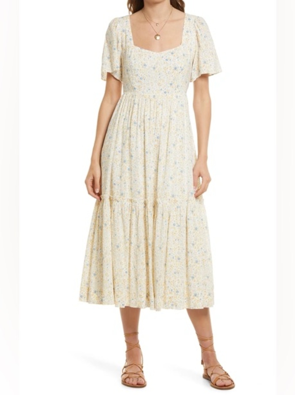 Madewell Folkmagic Floral Flutter Sleeve Tiered Dress